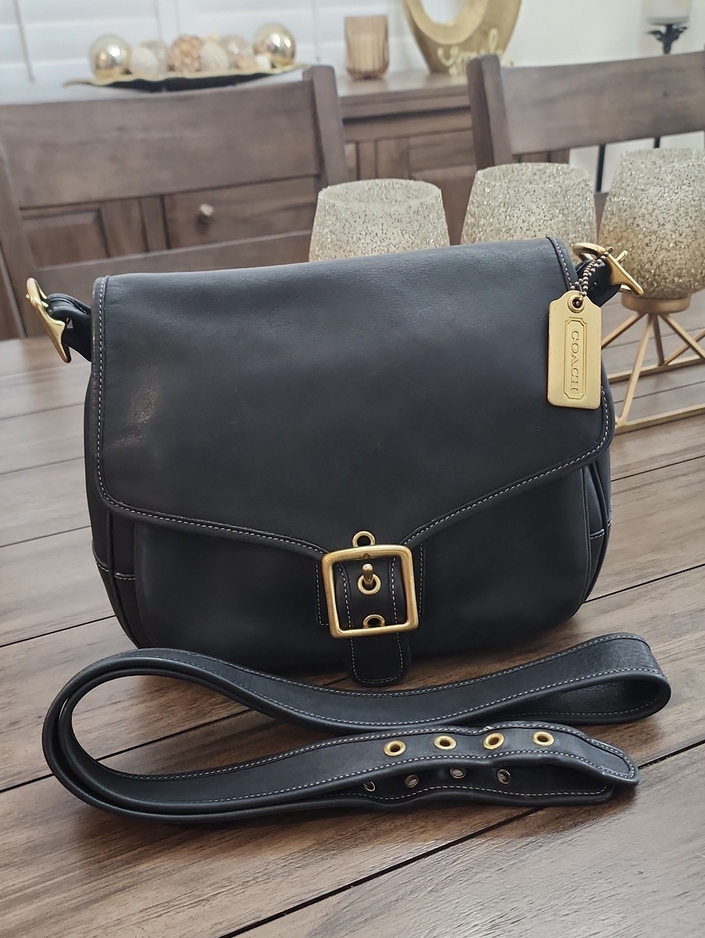 Coach Black Leather Crossbody with Gold Buckle